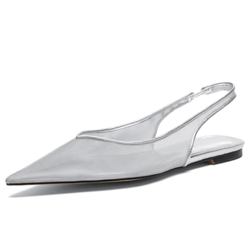 Riekhany Mesh Flats for Women Pointed Toe Slingback Flats Slip On Casual Work Ballet Flats Silver