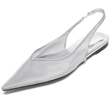 Riekhany Mesh Flats for Women Pointed Toe Slingback Flats Slip On Casual Work Ballet Flats Silver