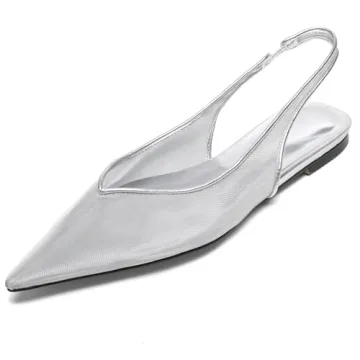 Riekhany Mesh Flats for Women Pointed Toe Slingback Flats Slip On Casual Work Ballet Flats Silver