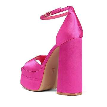 DREAM PAIRS Hot Pink Satin High Heels Chunky Block Platform Heels for Women Ankle Strap Sexy Open Sq...