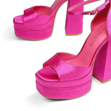 DREAM PAIRS Hot Pink Satin High Heels Chunky Block Platform Heels for Women Ankle Strap Sexy Open Square Toe Heels Dressy Pumps Sandals SDHS2324W Size 7