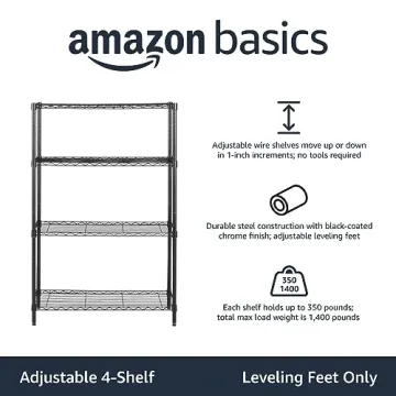 Amazon Basics 4-Shelf Adjustable Heavy Duty Steel Wire Rack Storage Shelving Organizer for Kitchen, Garage, 36" L x 14" W x 54" H, Black