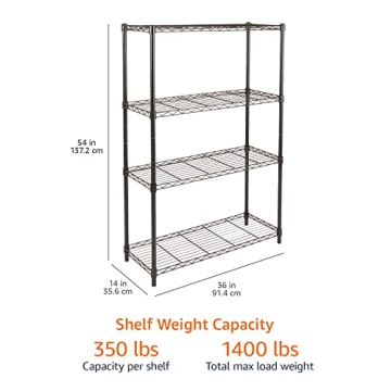 Amazon Basics 4-Shelf Adjustable Heavy Duty Steel Wire Rack Storage Shelving Organizer for Kitchen, Garage, 36" L x 14" W x 54" H, Black