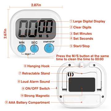 Kitchen Timer with Loud Alarm and Magnetic Backing