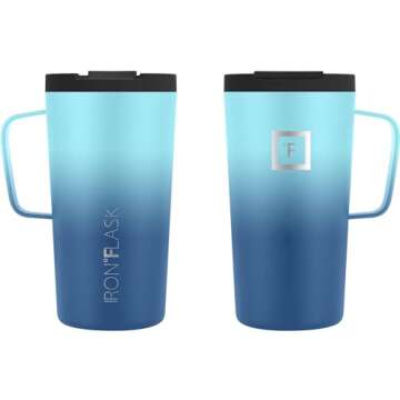 IRON °FLASK Grip Novelty Coffee Mug - Leak Proof, Vacuum Insulated Stainless Steel Bottle, Double Walled, Thermo Travel, Hot Cold, Water Metal Canteen - Blue Waves, 16 Oz - Rubber Bottom