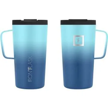 IRON °FLASK Grip Novelty Coffee Mug - Leak Proof, Vacuum Insulated Stainless Steel Bottle, Double Walled, Thermo Travel, Hot Cold, Water Metal Canteen - Blue Waves, 16 Oz - Rubber Bottom