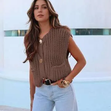 Hixiaohe Womens Chunky Knit Sleeveless Cardigan with Pockets