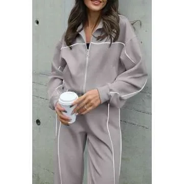 BTFBM Women's Two Piece Tracksuit Fall 2025 Long Sleeve Zip Up Sweatshirt Long Pants Outfits Jogger Sweatsuit Sets(Solid Grey,Large)