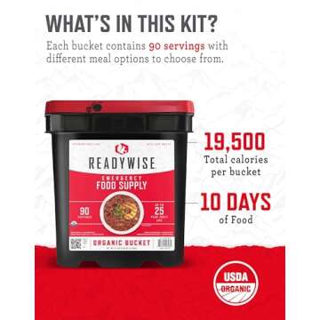 READYWISE - Organic Bucket, 90 Servings, Emergency, MRE Meal, Food Supply, Premade, Freeze Dried Survival Food for Hiking, Adventure and Camping Essentials, Individually Packaged, 25 Year Shelf Life
