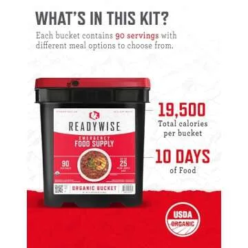 READYWISE - Organic Bucket, 90 Servings, Emergency, MRE Meal, Food Supply, Premade, Freeze Dried Survival Food for Hiking, Adventure and Camping Essentials, Individually Packaged, 25 Year Shelf Life