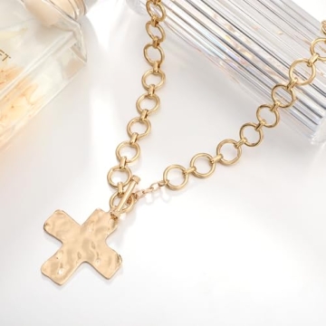 MQV Bold Chunky Gold Cross Pendant Necklace for Statement Style
