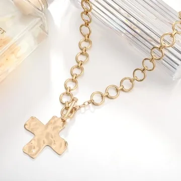 MQV Bold Chunky Gold Cross Pendant Necklace for Statement Style
