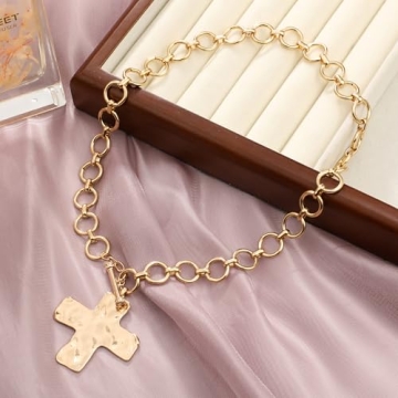 MQV Bold Chunky Gold Cross Pendant Necklace for Statement Style