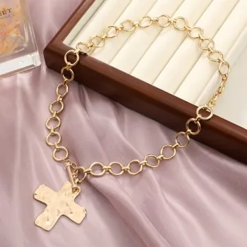 MQV Bold Chunky Gold Cross Pendant Necklace for Statement Style