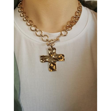 MQV Bold Chunky Gold Cross Pendant Necklace for Statement Style