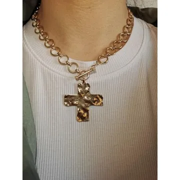 MQV Bold Chunky Gold Cross Pendant Necklace for Statement Style
