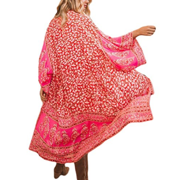 Bsubseach Red Floral Print Chiffon Kimono Cover Up 3/4 Sleeve Open Front Beach Long Cardigan Swimsui...
