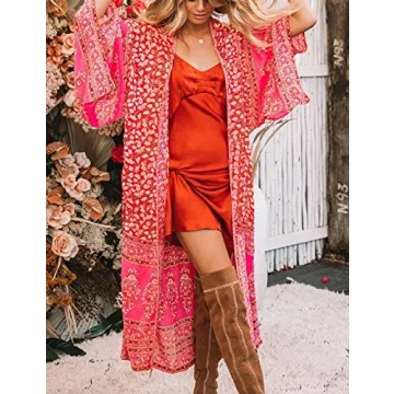 Bsubseach Red Floral Print Chiffon Kimono Cover Up 3/4 Sleeve Open Front Beach Long Cardigan Swimsuit Cover Ups for Women