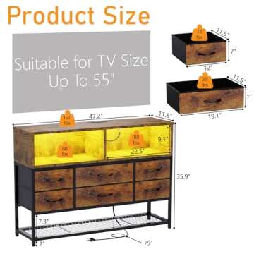 eiskah Dresser for Bedroom, 6 Drawers Led Dresser TV Stand with Power Outlets and LED Lights, Long F...