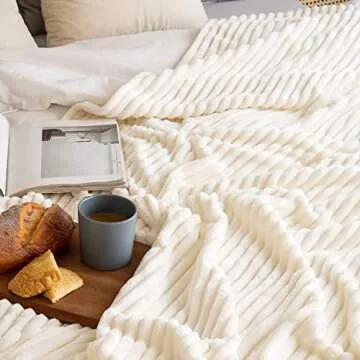 MIULEE Cream White Throw Blanket 3D Ribbed Jacquard Fleece Flannel Velvet Plush Decorative Bed Blank...