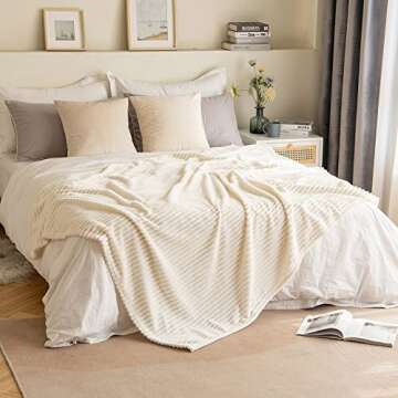 MIULEE Cream White Throw Blanket 3D Ribbed Jacquard Fleece Flannel Velvet Plush Decorative Bed Blanket (Throw, 50" x 60") - Super Soft, Lightweight, Warm and Cozy for Couch Sofa