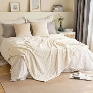 MIULEE Cream White Throw Blanket 3D Ribbed Jacquard Fleece Flannel Velvet Plush Decorative Bed Blanket (Throw, 50" x 60") - Super Soft, Lightweight, Warm and Cozy for Couch Sofa
