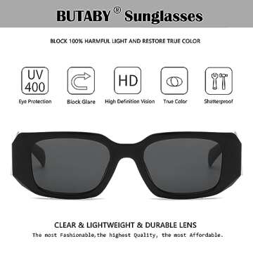 BUTABY Trendy Rectangle Sunglasses for Women Men Retro Sun Glasses Vintage Fashion Square Frame Black