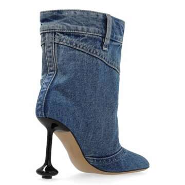Kluolandi Slouchy Mid Calf Boots for Women with Heel Square Toe Wide Calf Denim Boots Fashion Heeled Booties Blue Size 8.5
