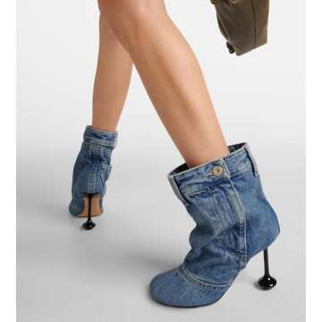 Kluolandi Slouchy Mid Calf Boots for Women with Heel Square Toe Wide Calf Denim Boots Fashion Heeled Booties Blue Size 8.5