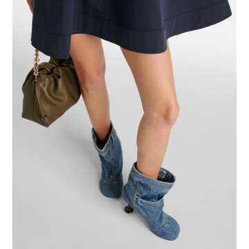 Kluolandi Slouchy Mid Calf Boots for Women with Heel Square Toe Wide Calf Denim Boots Fashion Heeled Booties Blue Size 8.5