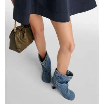 Kluolandi Slouchy Mid Calf Boots for Women with Heel Square Toe Wide Calf Denim Boots Fashion Heeled Booties Blue Size 8.5