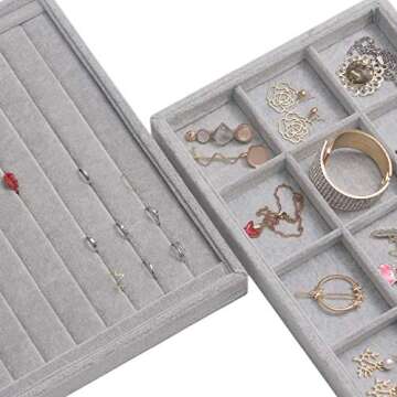 DIOMMELL 5 Pack Stackable Velvet Jewelry Trays Organizer, Jewelry Display Storage Box Showcase Holder Dresser Drawer Organizer for Earring Necklace Bracelet Ring Accessary, Grey