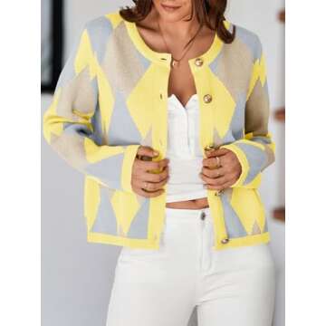 Saodimallsu Womens Color Block Cardigan Button Down Crewneck 2024 Fall Trendy Open Front Long Sleeve Sweater Jacket Yellow