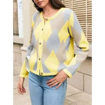 Saodimallsu Womens Color Block Cardigan Button Down Crewneck 2024 Fall Trendy Open Front Long Sleeve Sweater Jacket Yellow