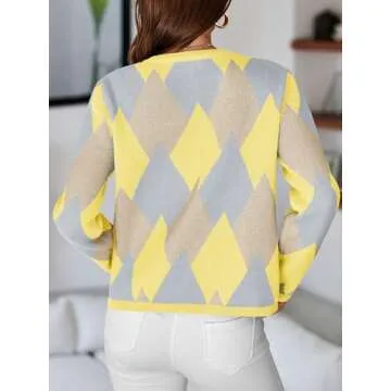 Saodimallsu Womens Color Block Cardigan Button Down Crewneck 2024 Fall Trendy Open Front Long Sleeve Sweater Jacket Yellow
