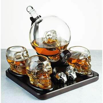 Skull Skeleton Wine & Whiskey Globe Decanter Set 850 mL With 4 Skull Head 3oz Skeletons Shot Glasses And Skull Chillers Wooden Base Decor Glass Goth Spooky Drinking Glassware The Wine Savant Crystal