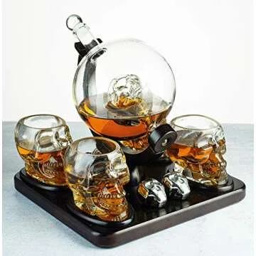 Skull Skeleton Wine & Whiskey Globe Decanter Set 850 mL With 4 Skull Head 3oz Skeletons Shot Glasses And Skull Chillers Wooden Base Decor Glass Goth Spooky Drinking Glassware The Wine Savant Crystal