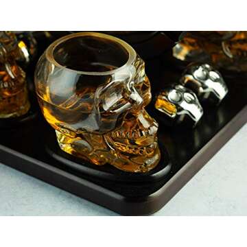 Skull Skeleton Wine & Whiskey Globe Decanter Set 850 mL With 4 Skull Head 3oz Skeletons Shot Glasses And Skull Chillers Wooden Base Decor Glass Goth Spooky Drinking Glassware The Wine Savant Crystal