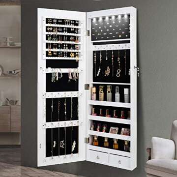 QUANYOU 6 LED Lights Lockable Full Mirror Full Screen Jewelry Organizer Wall Mounted/Door Mounted/Je...