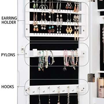 QUANYOU 6 LED Lights Lockable Full Mirror Full Screen Jewelry Organizer Wall Mounted/Door Mounted/Jewelry Cabinet Jewelry Armoire with Mirror/Full Length Mirror Hanging Mirror 7025 (White)