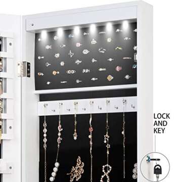QUANYOU 6 LED Lights Lockable Full Mirror Full Screen Jewelry Organizer Wall Mounted/Door Mounted/Jewelry Cabinet Jewelry Armoire with Mirror/Full Length Mirror Hanging Mirror 7025 (White)