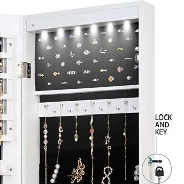 QUANYOU 6 LED Lights Lockable Full Mirror Full Screen Jewelry Organizer Wall Mounted/Door Mounted/Jewelry Cabinet Jewelry Armoire with Mirror/Full Length Mirror Hanging Mirror 7025 (White)