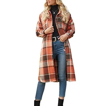 Ainangua Women's Stylish Casual Wool Blend Long Plaid Shirt Jacket