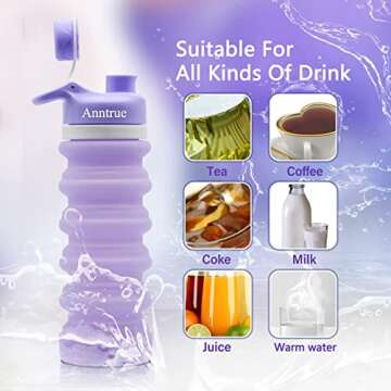 Anntrue Collapsible Silicone Water Bottle 18oz, Food-Grade, Leak Proof, Foldable Travel Water Bottle(Lilac)