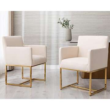 HNY Mid Century Modern Upholstered Dining Chairs with Arms Set of 4, Linen Accent Chairs with Gold F...