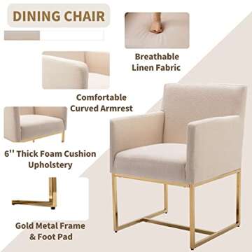 HNY Mid Century Modern Upholstered Dining Chairs with Arms Set of 4, Linen Accent Chairs with Gold Finish Metal Frame, 19'' Wide Arm Chairs for Living Room Kitchen Bedroom, Cream