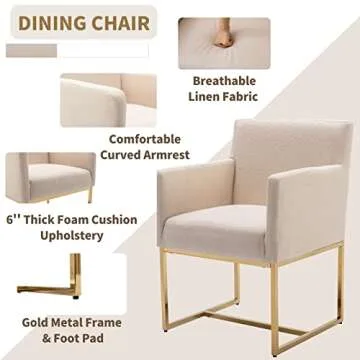 HNY Mid Century Modern Upholstered Dining Chairs with Arms Set of 4, Linen Accent Chairs with Gold Finish Metal Frame, 19'' Wide Arm Chairs for Living Room Kitchen Bedroom, Cream