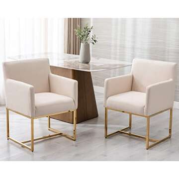 HNY Mid Century Modern Upholstered Dining Chairs with Arms Set of 4, Linen Accent Chairs with Gold Finish Metal Frame, 19'' Wide Arm Chairs for Living Room Kitchen Bedroom, Cream