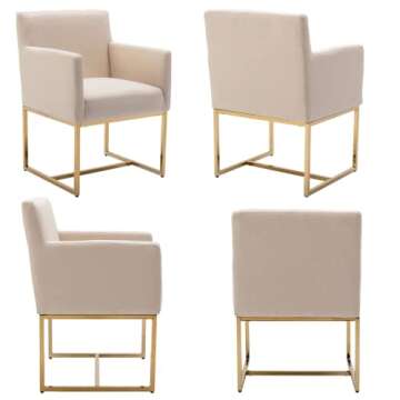 HNY Mid Century Modern Upholstered Dining Chairs with Arms Set of 4, Linen Accent Chairs with Gold Finish Metal Frame, 19'' Wide Arm Chairs for Living Room Kitchen Bedroom, Cream
