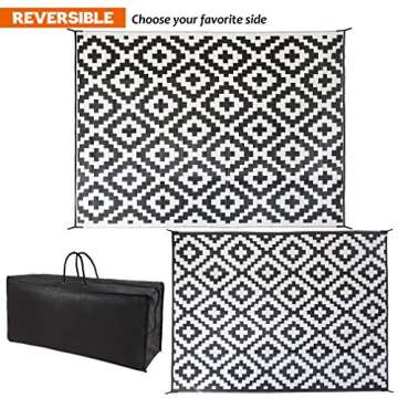 SAND MINE Waterproof Outdoor Rug 9x12 ft, Plastic Reversible Rug, Modern Area Rug, Large Floor Mat for Outdoors, RV, Patio, Backyard, Deck, Picnic, Beach, Camping (9' x 12', Black & White Lattice)